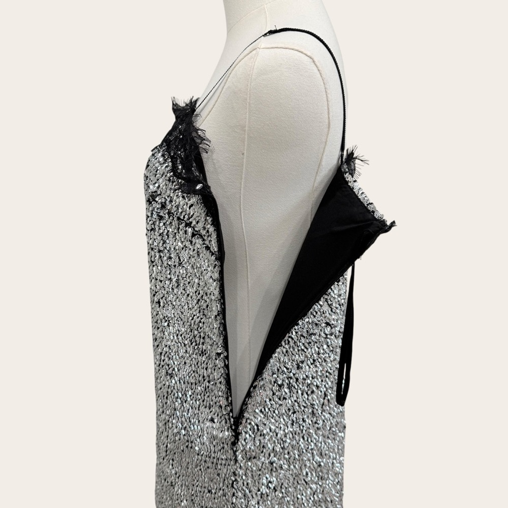 Gianni Bini Lilly Sisto Allegra Silver Sequin Dress Lace Trim Square Neck Party - Picture 10 of 16